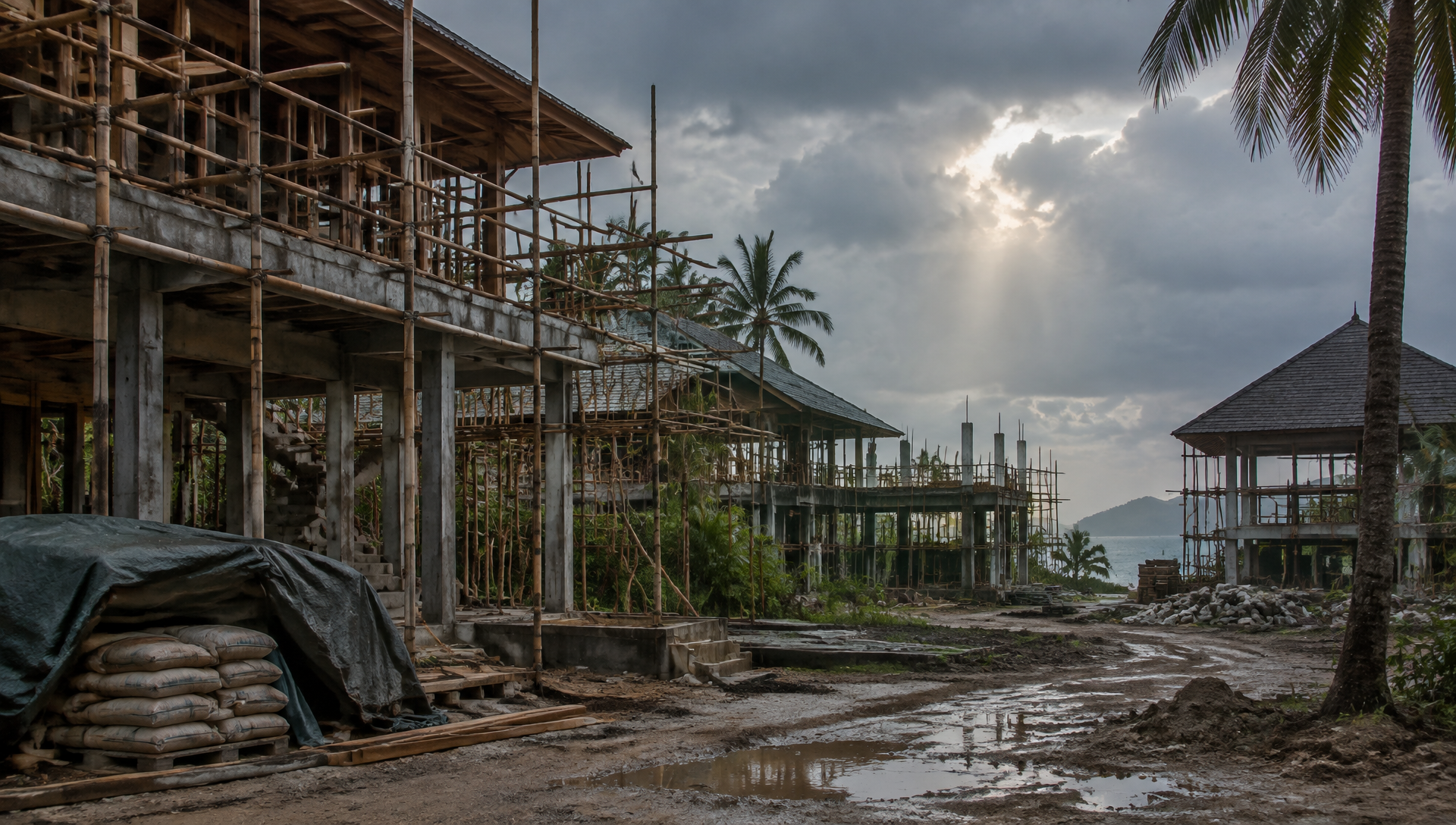 Illustration: a tropical resort under construction beneath a monsoon sky