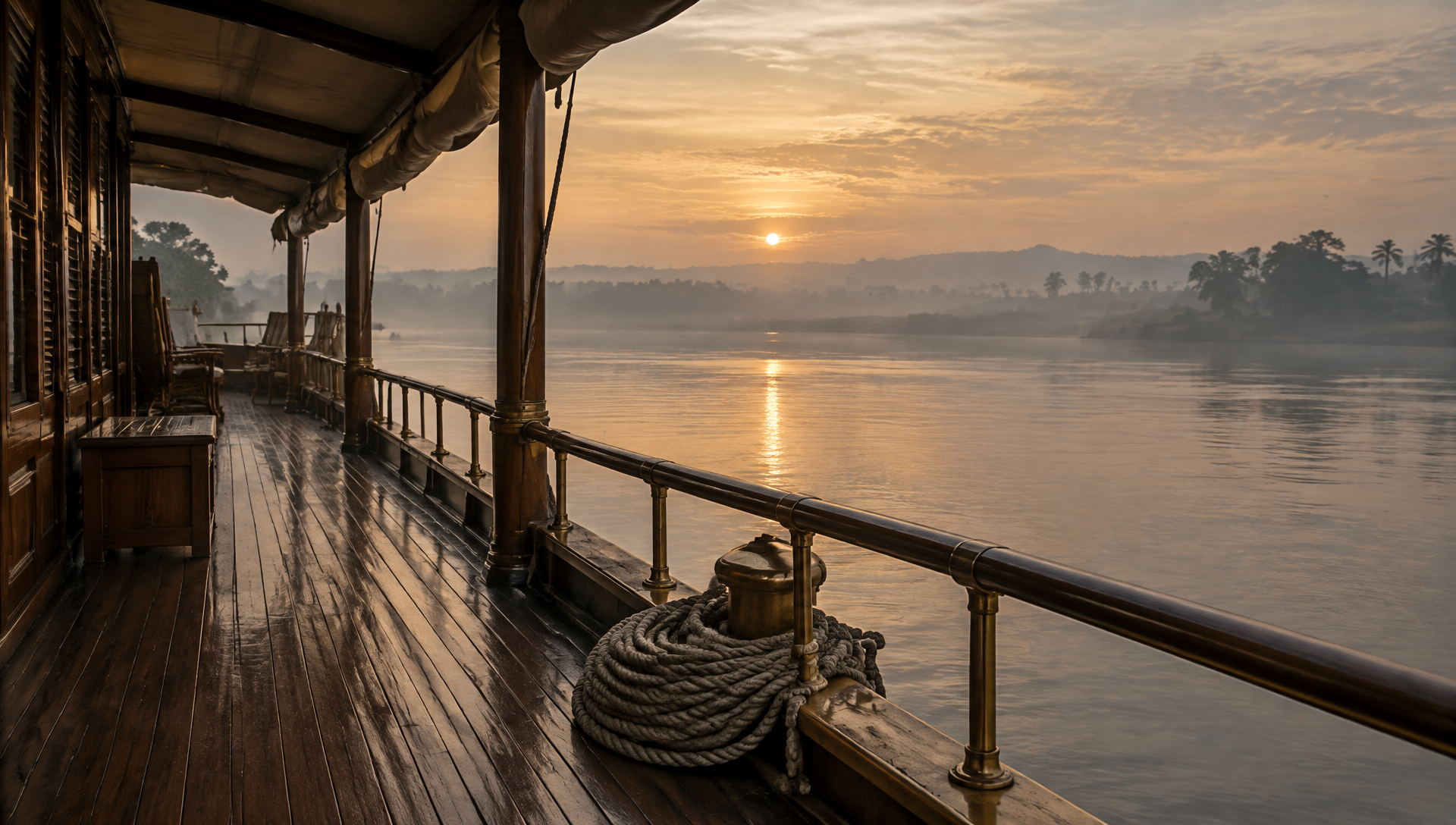 Illustration: dawn on the empty teak deck of a river cruise vessel