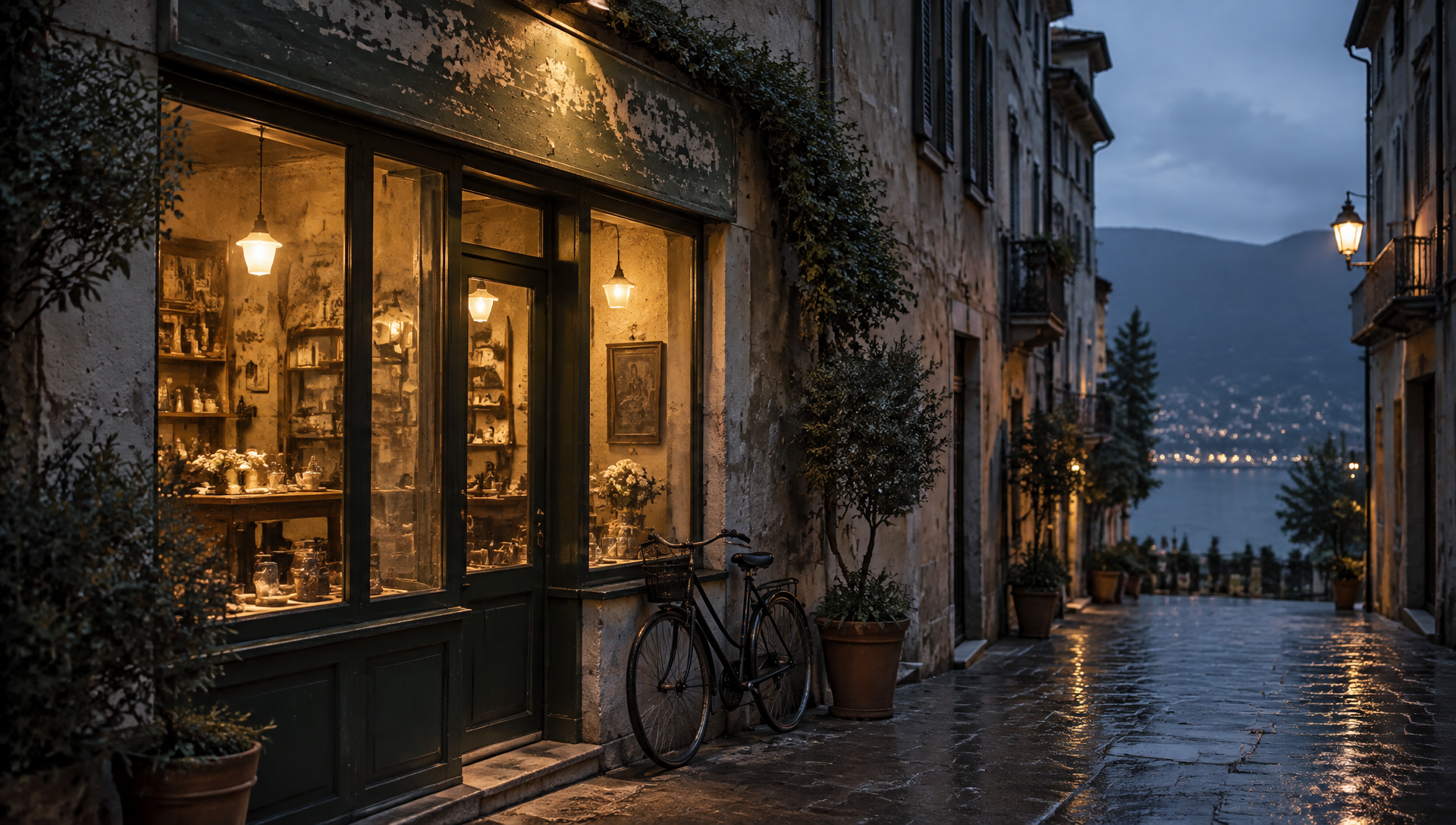 Illustration: a small independent shopfront lit at dusk on a wet European street