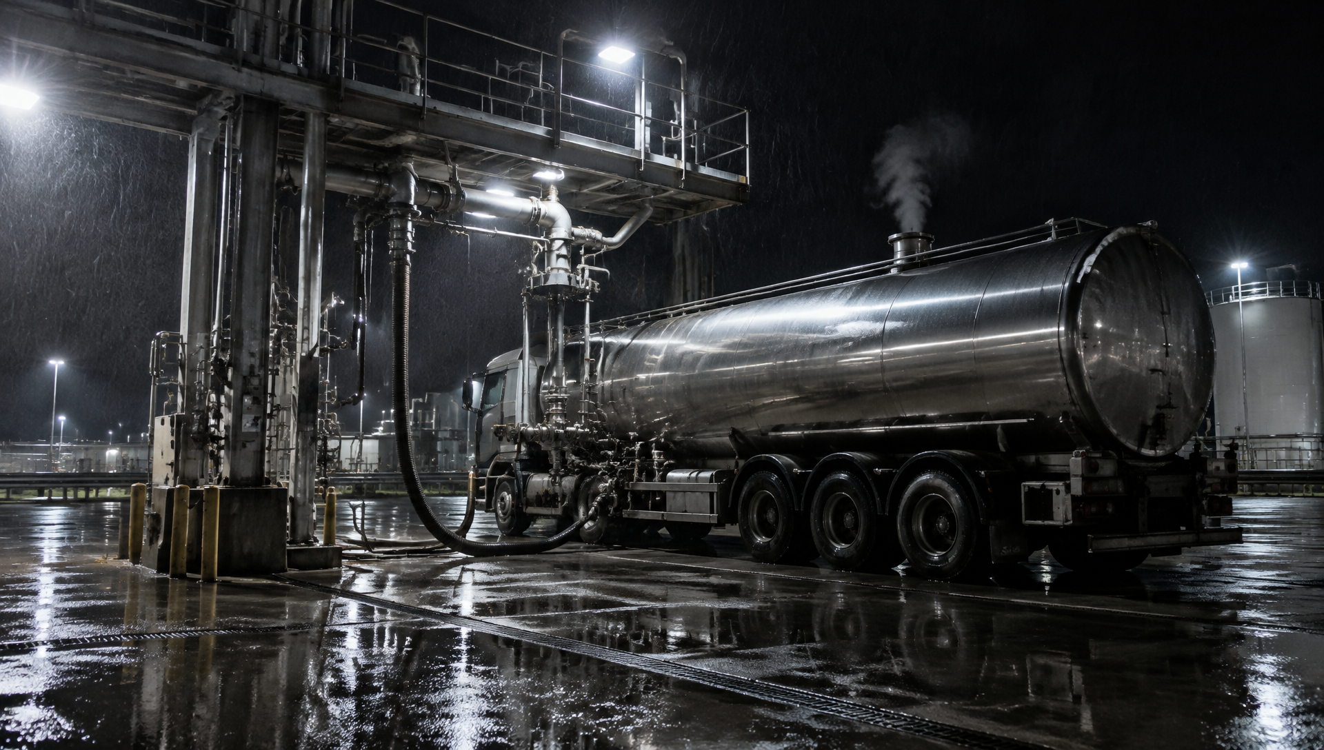 Illustration: a road tanker connected beneath a floodlit loading gantry at night